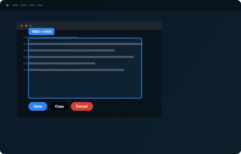Capturat's capture overlay: the screen dimmed, a bright selection drawn over a window, its pixel size above it and Save, Copy and Cancel buttons below