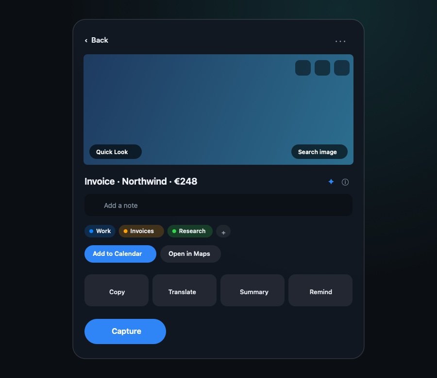 A capture's page in Capturat: the picture with Quick Look and Search image in its corners, an editable name, a note field, tags, contextual buttons for Add to Calendar and Open in Maps, and the four standing actions