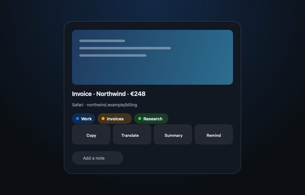 The Capturat preview panel: a thumbnail, the file name written from the invoice, the page it came from, three colour-coded tags, and Copy, Translate, Summary and Remind buttons